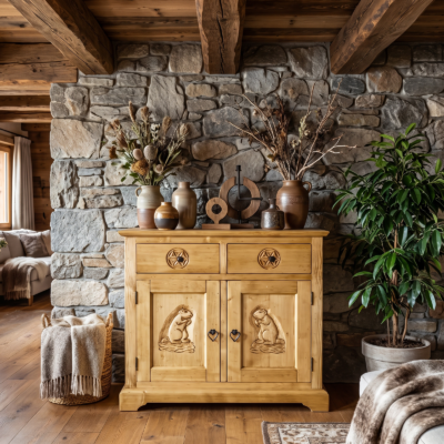Buffet Bas Chalet Sculpté 2 Portes + 2 Tiroirs en Pin Massif 92 cm - meublespin.fr - Buffets & bahuts en bois massif Buffet Bas Chalet Sculpté 2 Portes + 2 Tiroirs en Pin Massif 92 cm Buffets & bahuts en bois massif meublespin.fr - mobilier et de décoration de style montagne ou chalet- meubles en pin, mobilier en bois massif de qualité, canapés convertibles - https://meublespin.fr