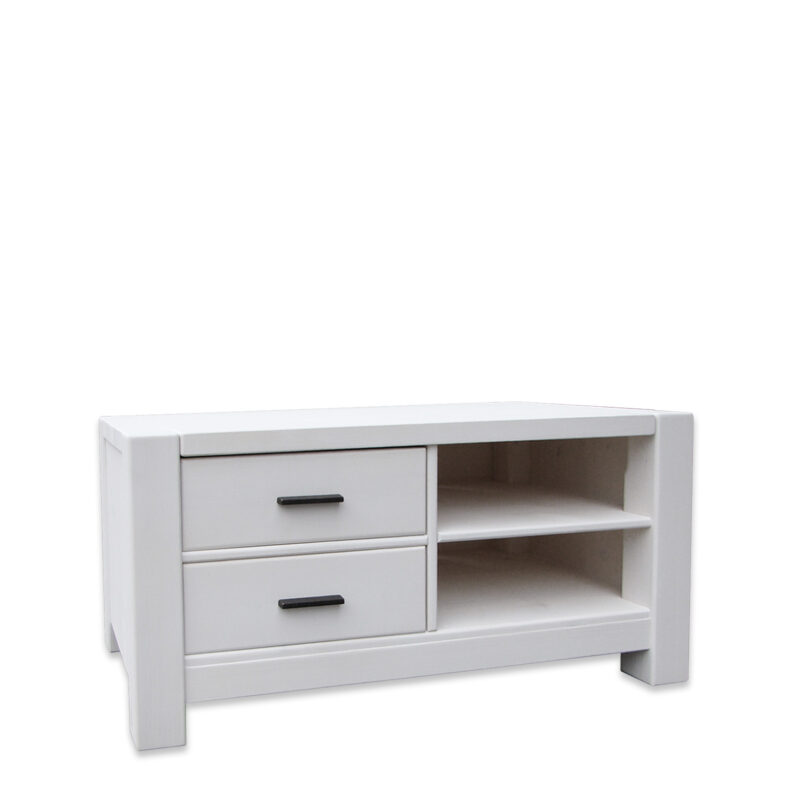 Meuble TV Contemporain Morzine Ciré Blanc 2 Tiroirs + Niche en Pin Massif 100 cm Meubles TV en Bois Massif meublespin.fr - mobilier et de décoration de style montagne ou chalet- meubles en pin, mobilier en bois massif de qualité, canapés convertibles - https://meublespin.fr