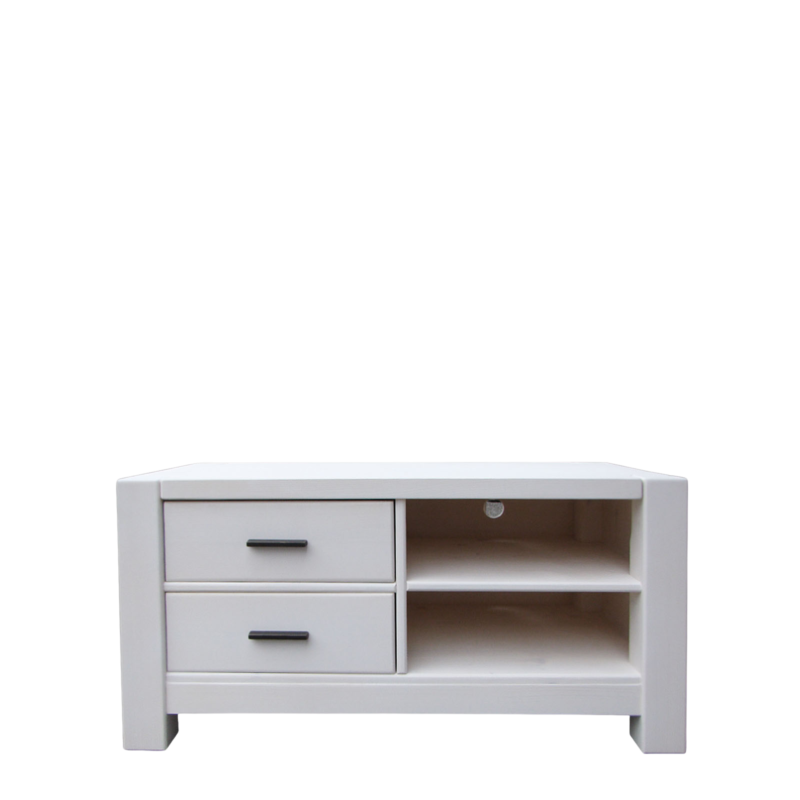 Meuble TV Contemporain Morzine Ciré Blanc 2 Tiroirs + Niche en Pin Massif 100 cm Meubles TV en Bois Massif meublespin.fr - mobilier et de décoration de style montagne ou chalet- meubles en pin, mobilier en bois massif de qualité, canapés convertibles - https://meublespin.fr