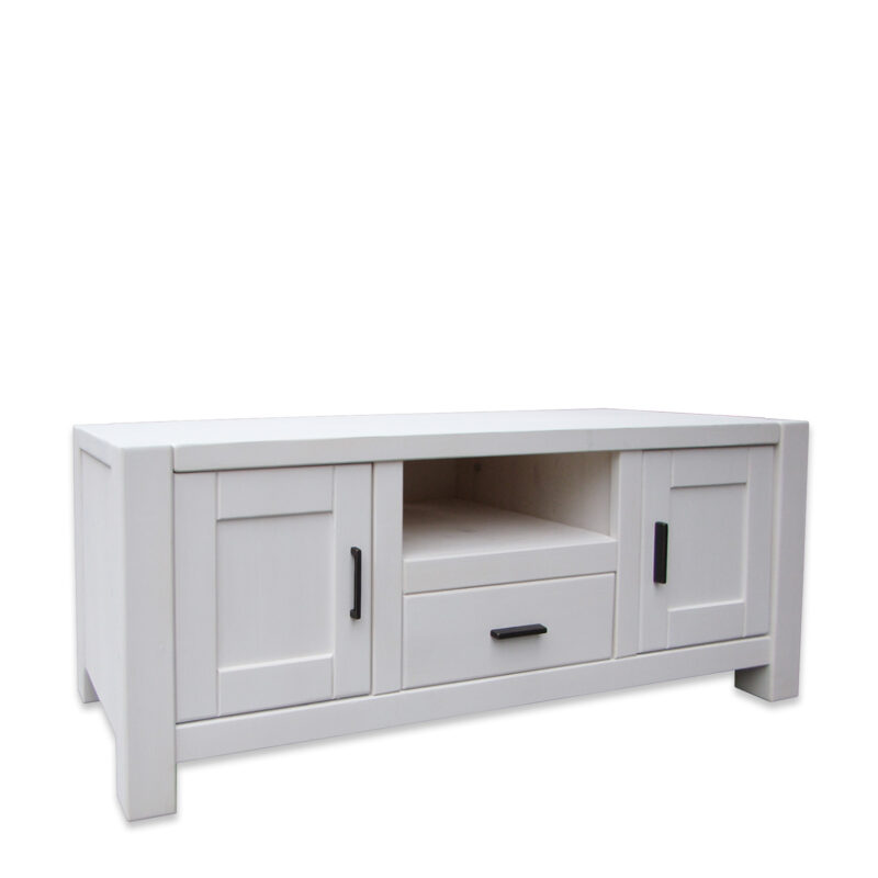 Meuble TV Contemporain Morzine 2 Portes+1 Tiroir en Pin Massif Ciré Blanc 140 cm Meubles TV en Bois Massif meublespin.fr - mobilier et de décoration de style montagne ou chalet- meubles en pin, mobilier en bois massif de qualité, canapés convertibles - https://meublespin.fr