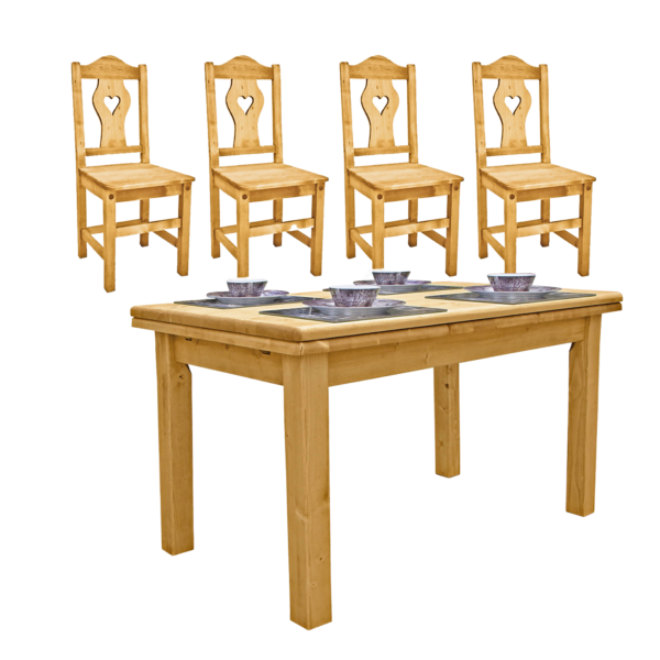 PACK 8: Table 140 x 80 (2 Allonges de 50cm) + 4 Chaises coeur Chamonix meublespin.fr - vente de mobilier et de décoration de style montagne ou chalet- vente de meubles en pin et canapés convertibles - https://meublespin.fr