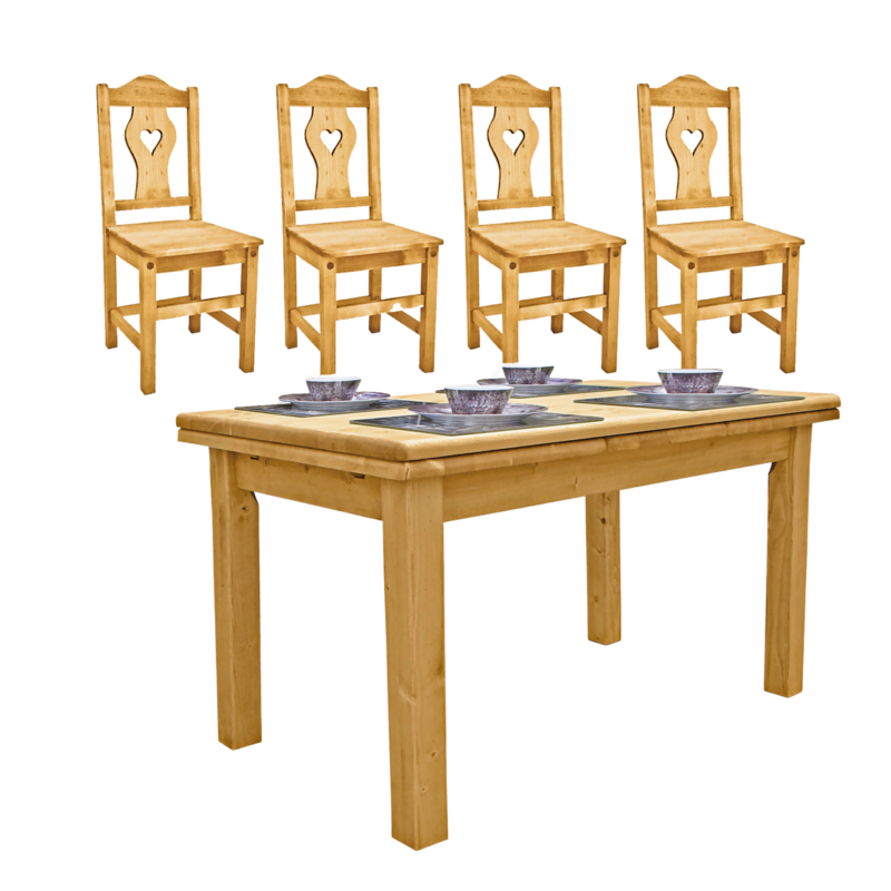 PACK 8: Table 140 x 80 (2 Allonges/Plateau 3 cm) + 4 Chaises coeur Chamonix meublespin.fr - mobilier et de décoration de style montagne ou chalet- meubles en pin, mobilier en bois massif de qualité, canapés convertibles - https://meublespin.fr