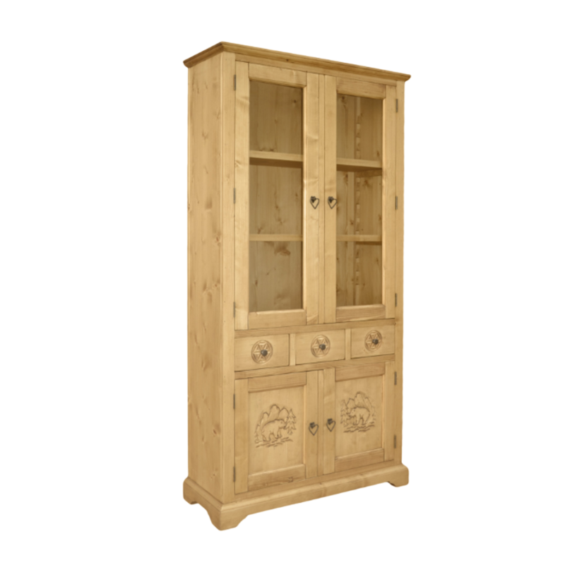 Bibliothèque Chalet Sculptée 4 portes + 3 Tiroirs en Pin Massif Bibliothèques & Vitrines meublespin.fr - mobilier et de décoration de style montagne ou chalet- meubles en pin, mobilier en bois massif de qualité, canapés convertibles - https://meublespin.fr
