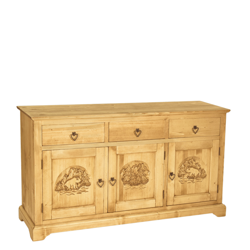 Buffet Bas Chalet Sculpté 3 Portes + 3 Tiroirs en Pin Massif 153 cm Buffets & bahuts en bois massif meublespin.fr - mobilier et de décoration de style montagne ou chalet- meubles en pin, mobilier en bois massif de qualité, canapés convertibles - https://meublespin.fr