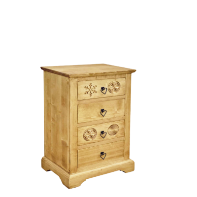 Chiffonnier 4 Tiroirs Sculpté en Pin Massif Chalet meublespin.fr - mobilier et de décoration de style montagne ou chalet- meubles en pin, mobilier en bois massif de qualité, canapés convertibles - https://meublespin.fr