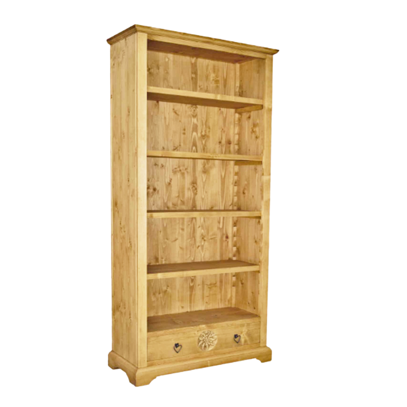 Bibliothèque Chalet Sculptée 5 Étagères + 1 Tiroir en Pin Massif Bibliothèques & Vitrines meublespin.fr - mobilier et de décoration de style montagne ou chalet- meubles en pin, mobilier en bois massif de qualité, canapés convertibles - https://meublespin.fr