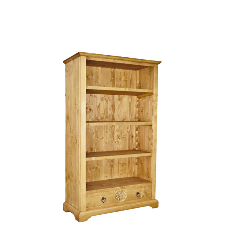 Bibliothèque Chalet sculptée 1 Tiroir 4 Étagères en Pin Massif H 160 cm Bibliothèques & Vitrines meublespin.fr - mobilier et de décoration de style montagne ou chalet- meubles en pin, mobilier en bois massif de qualité, canapés convertibles - https://meublespin.fr