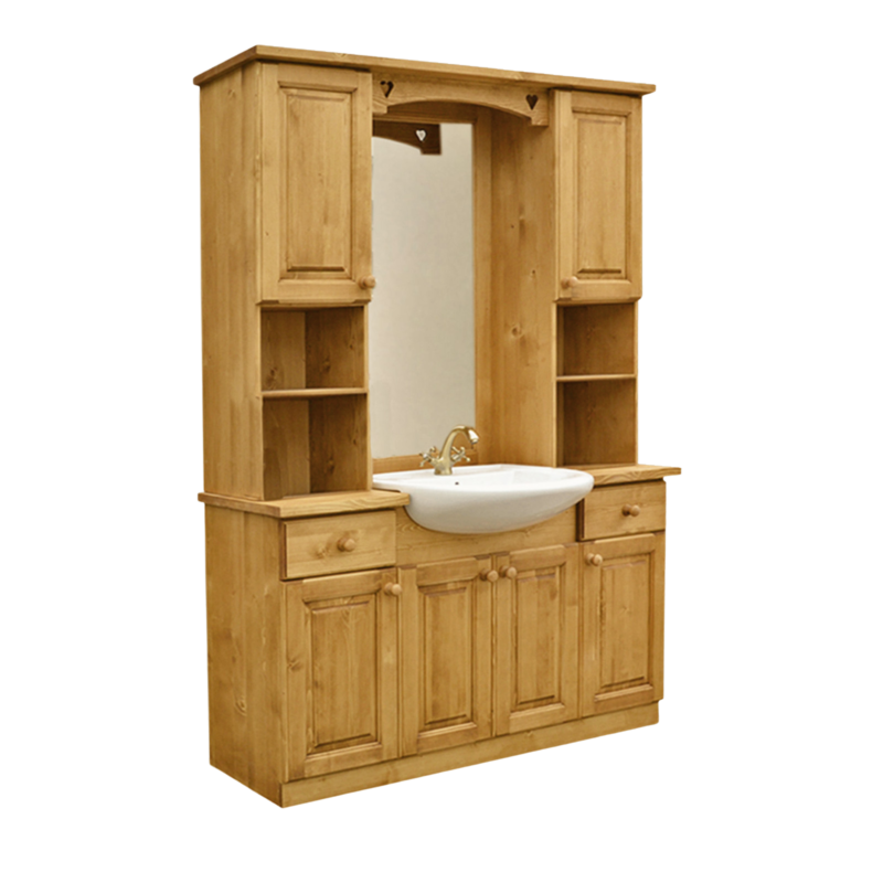 Meuble de Salle de bain 6 portes + 2 tiroirs + vasque et miroir Chamonix meublespin.fr - mobilier et de décoration de style montagne ou chalet- meubles en pin, mobilier en bois massif de qualité, canapés convertibles - https://meublespin.fr