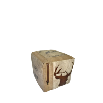 Pouf en Cuir & Toile Vintage Cerf 40 x 40 cm Poufs meublespin.fr - mobilier et de décoration de style montagne ou chalet- meubles en pin, mobilier en bois massif de qualité, canapés convertibles - https://meublespin.fr