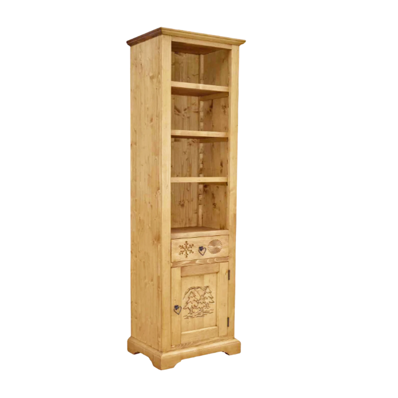 Bibliothèque Chalet Sculptée 1 porte 1 tiroir en Pin Massif Bibliothèques & Vitrines meublespin.fr - mobilier et de décoration de style montagne ou chalet- meubles en pin, mobilier en bois massif de qualité, canapés convertibles - https://meublespin.fr