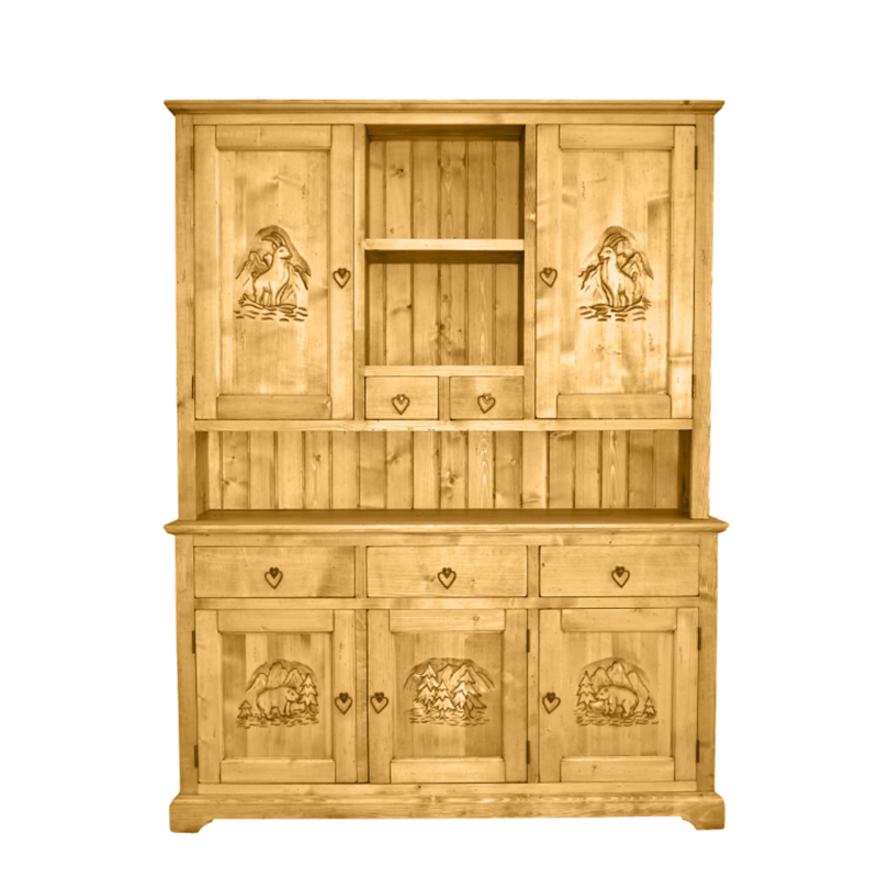 Vaisselier Chalet Sculpté 5 Portes + 5 Tiroirs Pin Miel Ciré Chalet meublespin.fr - mobilier et de décoration de style montagne ou chalet- meubles en pin, mobilier en bois massif de qualité, canapés convertibles - https://meublespin.fr