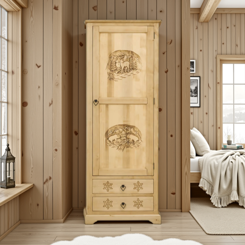 Bonnetière 1 Porte et 2 Tiroirs Sculptée Chalet en Pin Massif Armoires en bois massif meublespin.fr - mobilier et de décoration de style montagne ou chalet- meubles en pin, mobilier en bois massif de qualité, canapés convertibles - https://meublespin.fr