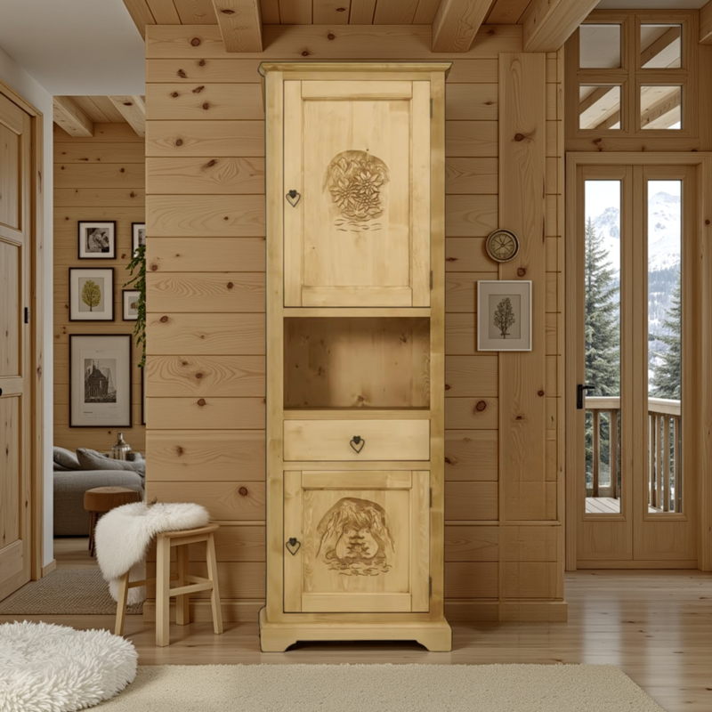 Bonnetière Chalet Sculptée 2 Portes+Tiroir+Niche en Pin Massif Armoires en bois massif meublespin.fr - mobilier et de décoration de style montagne ou chalet- meubles en pin, mobilier en bois massif de qualité, canapés convertibles - https://meublespin.fr
