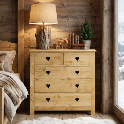 Commode 5 Tiroirs en Pin Massif 100 cm « Exclusivité WEB » Chamonix meublespin.fr - mobilier et de décoration de style montagne ou chalet- meubles en pin, mobilier en bois massif de qualité, canapés convertibles - https://meublespin.fr