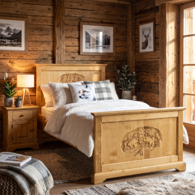 Lit Chalet Sculpté en Pin Massif 90 x 190 cm - meublespin.fr - Chalet Lit Chalet Sculpté en Pin Massif 90 x 190 cm Chalet meublespin.fr - mobilier et de décoration de style montagne ou chalet- meubles en pin, mobilier en bois massif de qualité, canapés convertibles - https://meublespin.fr