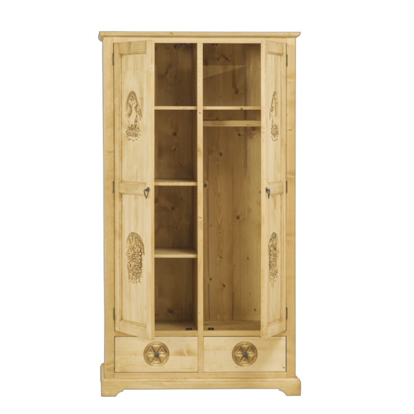 Armoire 2 Portes et 2 Tiroirs en Pin Massif Sculpté Armoires en bois massif meublespin.fr - vente de mobilier et de décoration de style montagne ou chalet- vente de meubles en pin et canapés convertibles - https://meublespin.fr