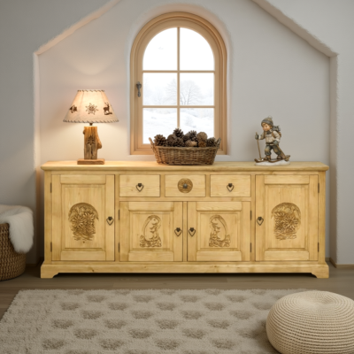 Buffet Bas Chalet Sculpté 4 Portes 3 Tiroirs en Pin Massif  200 cm Buffets & bahuts en bois massif meublespin.fr - mobilier et de décoration de style montagne ou chalet- meubles en pin, mobilier en bois massif de qualité, canapés convertibles - https://meublespin.fr