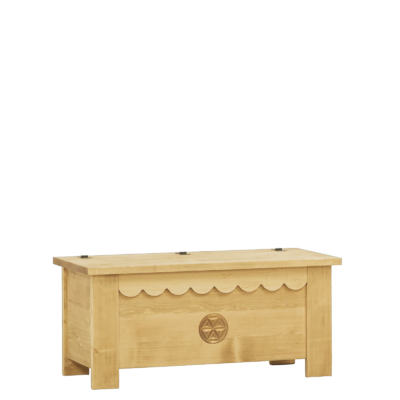 Coffre Chamonix en Pin Massif Sculpté Rosace 110 cm Chamonix meublespin.fr - mobilier et de décoration de style montagne ou chalet- meubles en pin, mobilier en bois massif de qualité, canapés convertibles - https://meublespin.fr