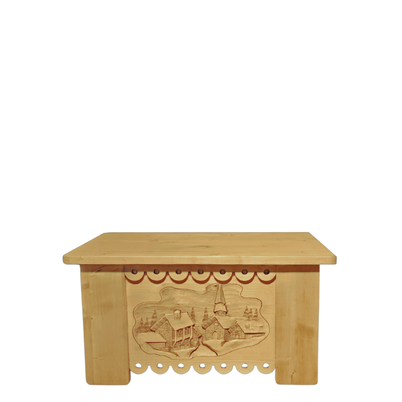 Table Basse Coffre en Pin Massif Sculpté Village 100 cm Chamonix meublespin.fr - mobilier et de décoration de style montagne ou chalet- meubles en pin, mobilier en bois massif de qualité, canapés convertibles - https://meublespin.fr