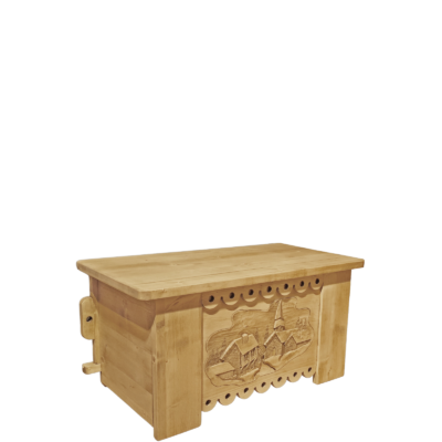 Table Basse Coffre en Pin Massif Sculpté Village 100 cm Chamonix meublespin.fr - mobilier et de décoration de style montagne ou chalet- meubles en pin, mobilier en bois massif de qualité, canapés convertibles - https://meublespin.fr