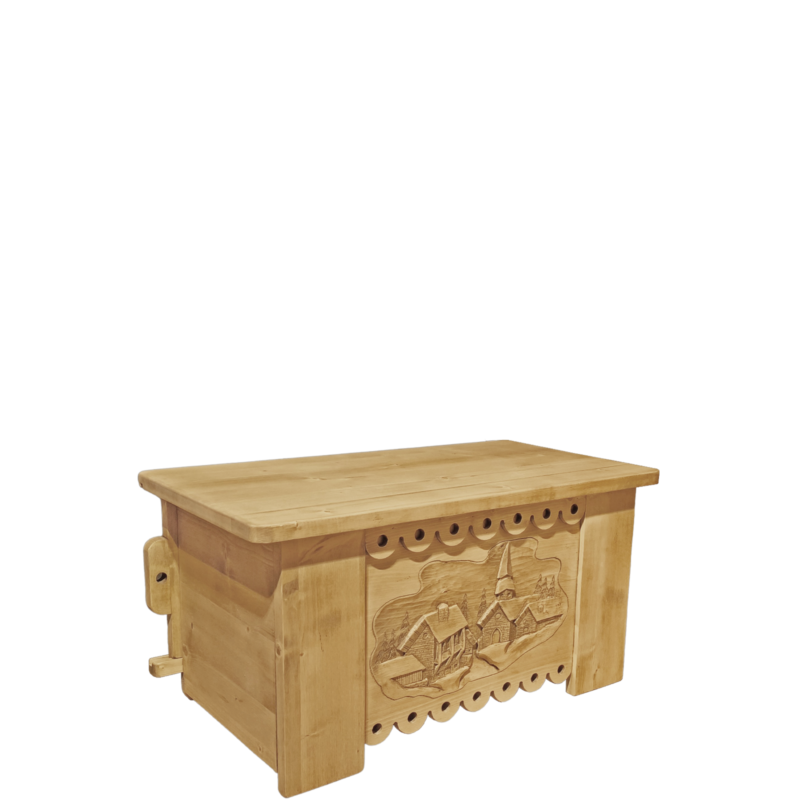 Table Basse Coffre en Pin Massif Sculpté Village 100 cm Chamonix meublespin.fr - mobilier et de décoration de style montagne ou chalet- meubles en pin, mobilier en bois massif de qualité, canapés convertibles - https://meublespin.fr