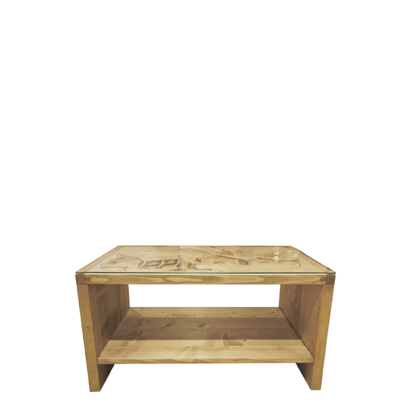 Table Basse Cube PM Sculptée Village en Pin Massif 70 x 45 cm Chalet meublespin.fr - mobilier et de décoration de style montagne ou chalet- meubles en pin, mobilier en bois massif de qualité, canapés convertibles - https://meublespin.fr