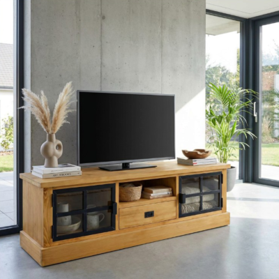 Meuble TV LOFT 2 Portes + Tiroir en Bois & Métal 160 cm Meubles TV en Bois Massif meublespin.fr - mobilier et de décoration de style montagne ou chalet- meubles en pin, mobilier en bois massif de qualité, canapés convertibles - https://meublespin.fr