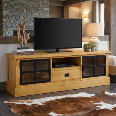 Meuble TV LOFT 2 Portes + Tiroir en Bois & Métal 160 cm Meubles TV en Bois Massif meublespin.fr - mobilier et de décoration de style montagne ou chalet- meubles en pin, mobilier en bois massif de qualité, canapés convertibles - https://meublespin.fr