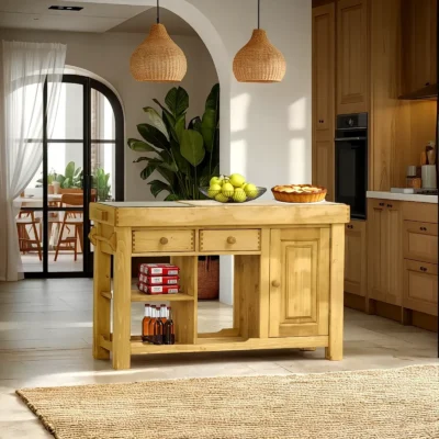 Billot de cuisine 2 tiroirs + 2 portes (Double face) 135 cm – Exclusivité WEB Chamonix meublespin.fr - mobilier et de décoration de style montagne ou chalet- meubles en pin, mobilier en bois massif de qualité, canapés convertibles - https://meublespin.fr