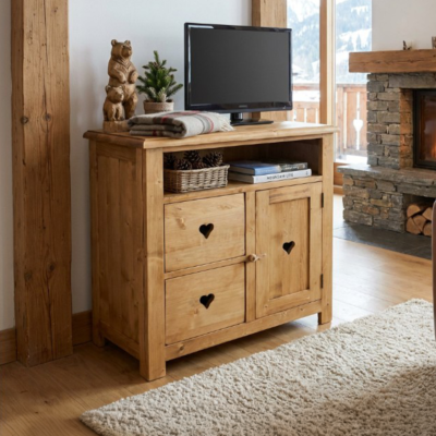 Meuble TV Chamonix 1 Porte + 2 Tiroirs en Pin Massif 84 cm Chamonix meublespin.fr - mobilier et de décoration de style montagne ou chalet- meubles en pin, mobilier en bois massif de qualité, canapés convertibles - https://meublespin.fr
