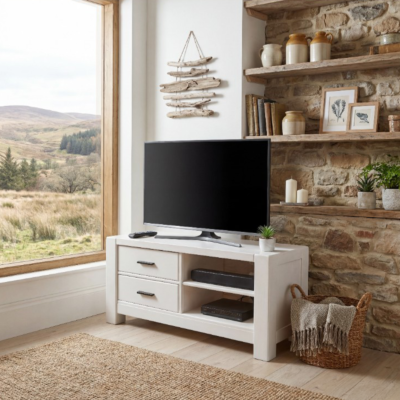 Meuble TV Contemporain Morzine Ciré Blanc 2 Tiroirs + Niche en Pin Massif 100 cm Meubles TV en Bois Massif meublespin.fr - mobilier et de décoration de style montagne ou chalet- meubles en pin, mobilier en bois massif de qualité, canapés convertibles - https://meublespin.fr