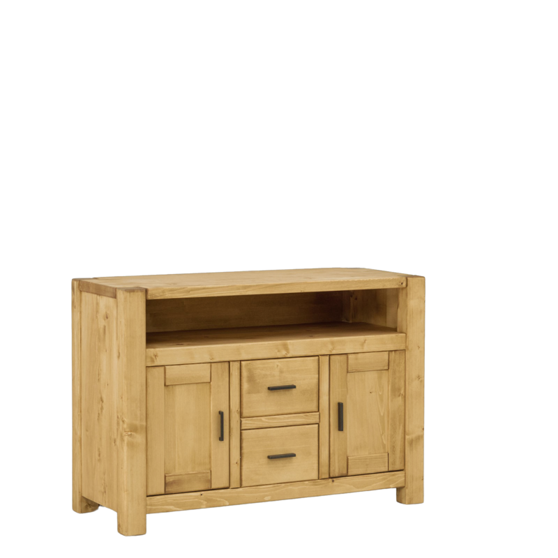 Meuble TV Contemporain Morzine 2 Portes 2 Tiroirs en Pin Massif 120 cm Morzine meublespin.fr - mobilier et de décoration de style montagne ou chalet- meubles en pin, mobilier en bois massif de qualité, canapés convertibles - https://meublespin.fr