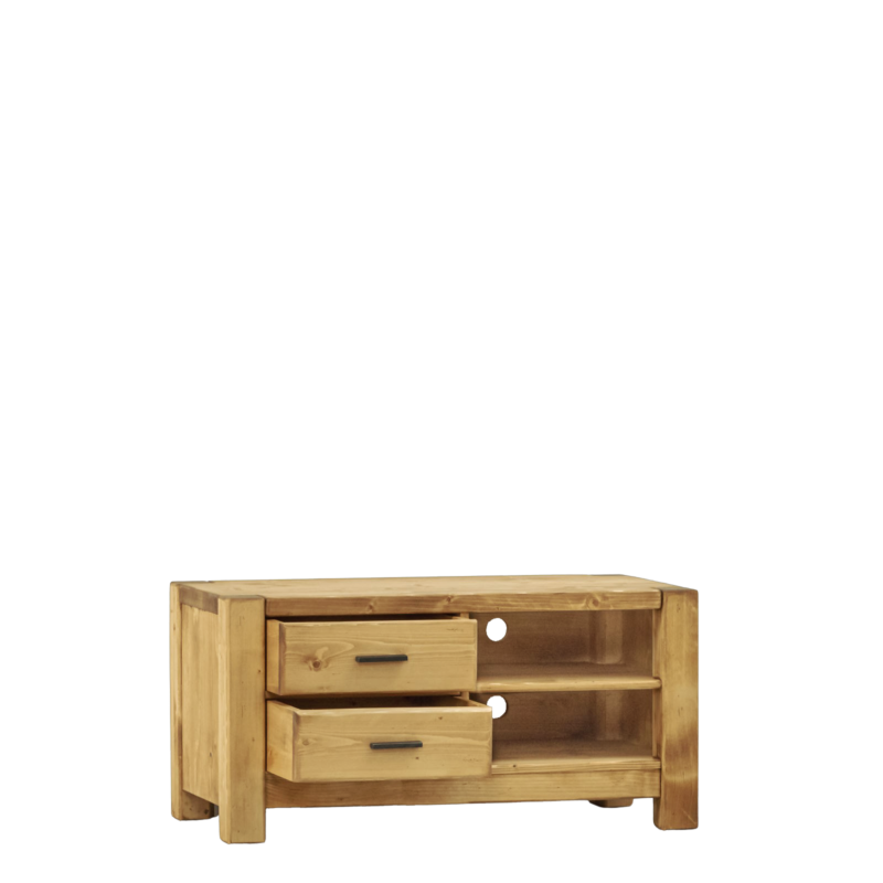 Meuble TV Contemporain Morzine 2 Tiroirs + Niche en Pin Massif 100 cm Morzine meublespin.fr - mobilier et de décoration de style montagne ou chalet- meubles en pin, mobilier en bois massif de qualité, canapés convertibles - https://meublespin.fr