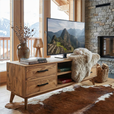 Meuble TV  4 Tiroirs + niche en Bois Pin Massif – Avignon Meubles TV en Bois Massif meublespin.fr - mobilier et de décoration de style montagne ou chalet- meubles en pin, mobilier en bois massif de qualité, canapés convertibles - https://meublespin.fr