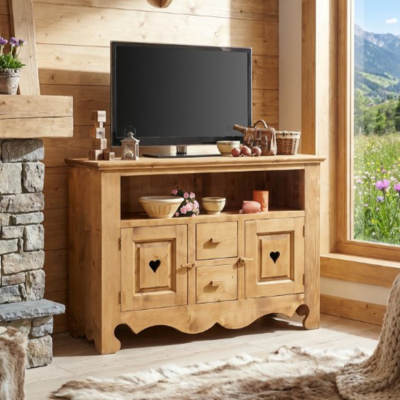 Meuble TV Chamonix 2 Portes et 2 Tiroirs en Pin Massif 120 cm Chamonix meublespin.fr - mobilier et de décoration de style montagne ou chalet- meubles en pin, mobilier en bois massif de qualité, canapés convertibles - https://meublespin.fr