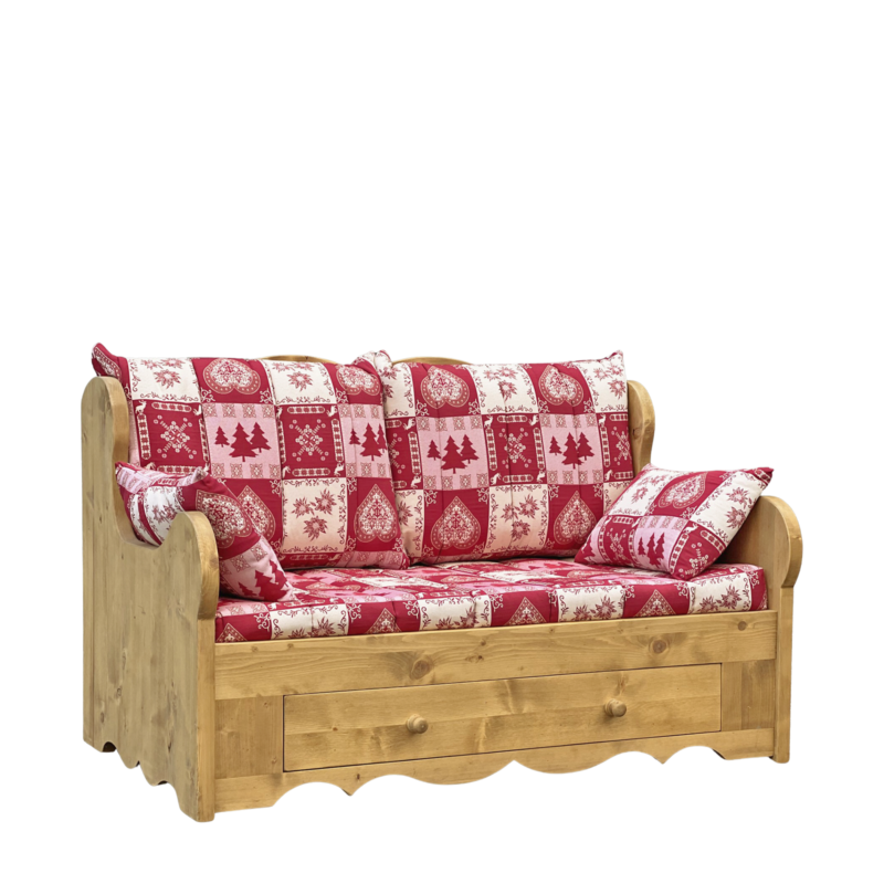 Canapé Fixe 2 Places en Pin Massif – Chatel rouge Chamonix meublespin.fr - mobilier et de décoration de style montagne ou chalet- meubles en pin, mobilier en bois massif de qualité, canapés convertibles - https://meublespin.fr
