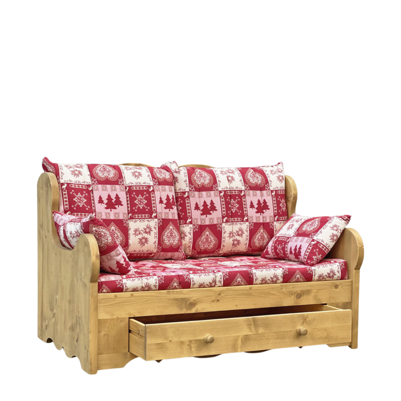 Canapé Fixe 2 Places en Pin Massif – Chatel rouge Chamonix meublespin.fr - mobilier et de décoration de style montagne ou chalet- meubles en pin, mobilier en bois massif de qualité, canapés convertibles - https://meublespin.fr