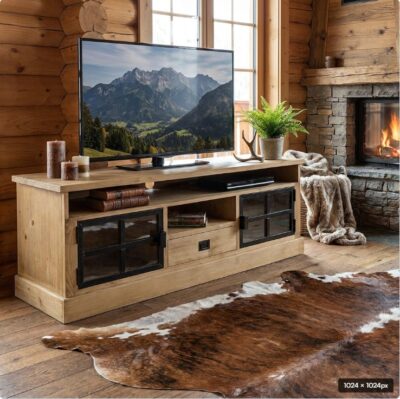 Meuble TV LOFT 2 Portes + 1 niche + 1Tiroir en Bois & Métal 160 cm Meubles TV en Bois Massif meublespin.fr - mobilier et de décoration de style montagne ou chalet- meubles en pin, mobilier en bois massif de qualité, canapés convertibles - https://meublespin.fr