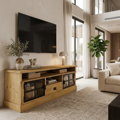 Meuble TV LOFT 2 Portes + 1 niche + 1Tiroir en Bois & Métal 160 cm Meubles TV en Bois Massif meublespin.fr - mobilier et de décoration de style montagne ou chalet- meubles en pin, mobilier en bois massif de qualité, canapés convertibles - https://meublespin.fr