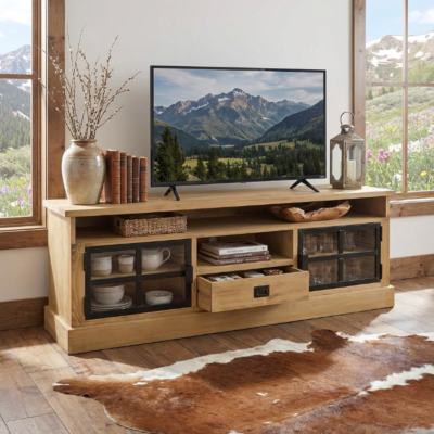 Meuble TV LOFT 2 Portes + 1 niche + 1Tiroir en Bois & Métal 160 cm Meubles TV en Bois Massif meublespin.fr - mobilier et de décoration de style montagne ou chalet- meubles en pin, mobilier en bois massif de qualité, canapés convertibles - https://meublespin.fr