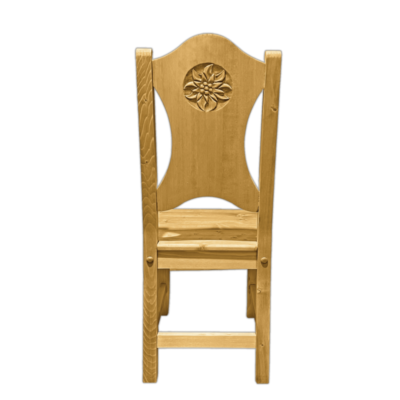 Chaise Chalet en Bois Massif sculptée Edelweiss & Vache Chalet meublespin.fr - mobilier et de décoration de style montagne ou chalet- meubles en pin, mobilier en bois massif de qualité, canapés convertibles - https://meublespin.fr