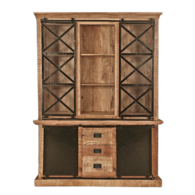 Vitrine industrielle 4 portes bois & métal 155 cm Vaisseliers en bois massif meublespin.fr - mobilier et de décoration de style montagne ou chalet- meubles en pin, mobilier en bois massif de qualité, canapés convertibles - https://meublespin.fr