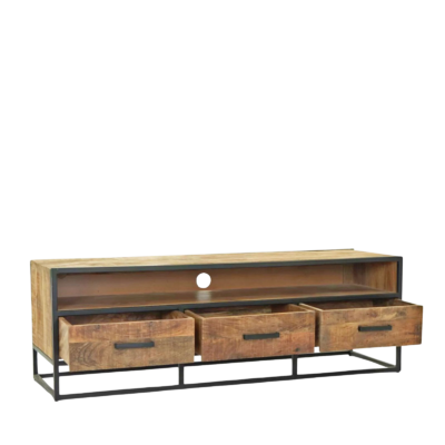 Meuble TV vintage en Bois & métal 3 Tiroirs 150 cm Meubles TV en Bois Massif meublespin.fr - mobilier et de décoration de style montagne ou chalet- meubles en pin, mobilier en bois massif de qualité, canapés convertibles - https://meublespin.fr