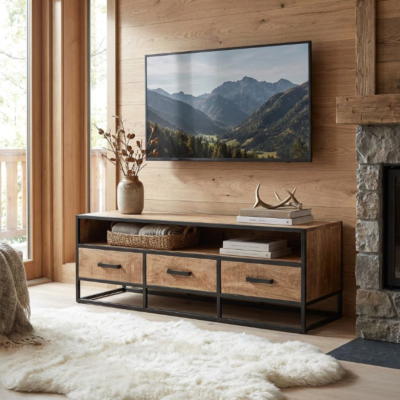 Meuble TV vintage en Bois & métal 3 Tiroirs 150 cm Meubles TV en Bois Massif meublespin.fr - mobilier et de décoration de style montagne ou chalet- meubles en pin, mobilier en bois massif de qualité, canapés convertibles - https://meublespin.fr
