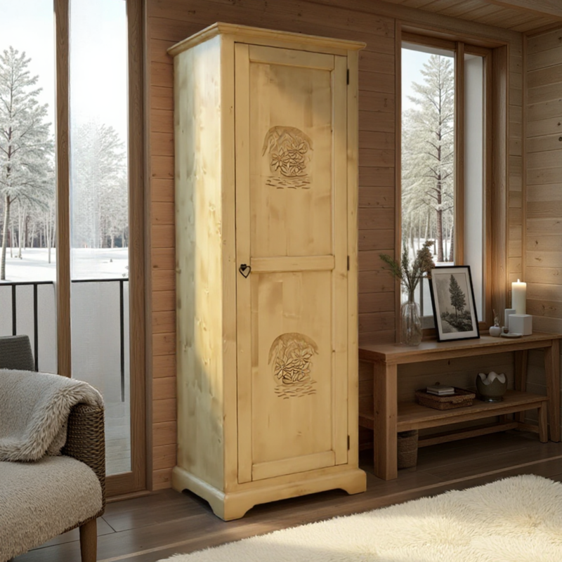 Bonnetière Chalet Sculptée 1 Porte en Pin Massif Armoires en bois massif meublespin.fr - mobilier et de décoration de style montagne ou chalet- meubles en pin, mobilier en bois massif de qualité, canapés convertibles - https://meublespin.fr
