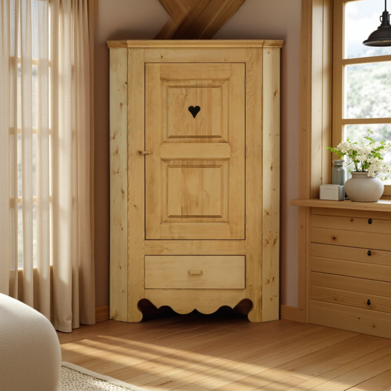 Armoire d’angle 1 Porte et Tiroir Chamonix en Pin Massif Armoires en bois massif meublespin.fr - mobilier et de décoration de style montagne ou chalet- meubles en pin, mobilier en bois massif de qualité, canapés convertibles - https://meublespin.fr