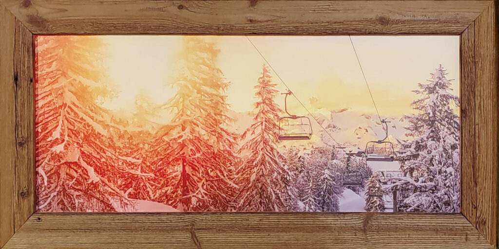 Tableau en Vieux Bois – Télésiège soleil 100 x 50 cm Tableaux vieux bois meublespin.fr - vente de mobilier et de décoration de style montagne ou chalet- vente de meubles en pin et canapés convertibles - https://meublespin.fr