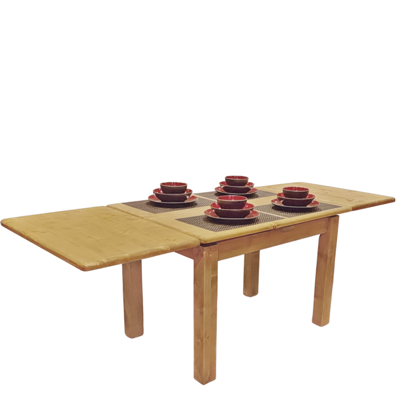 Table Rectangulaire 110 x 70 cm (2 allonges/Plateau 3 cm) en Pin Massif Chamonix meublespin.fr - mobilier et de décoration de style montagne ou chalet- meubles en pin, mobilier en bois massif de qualité, canapés convertibles - https://meublespin.fr