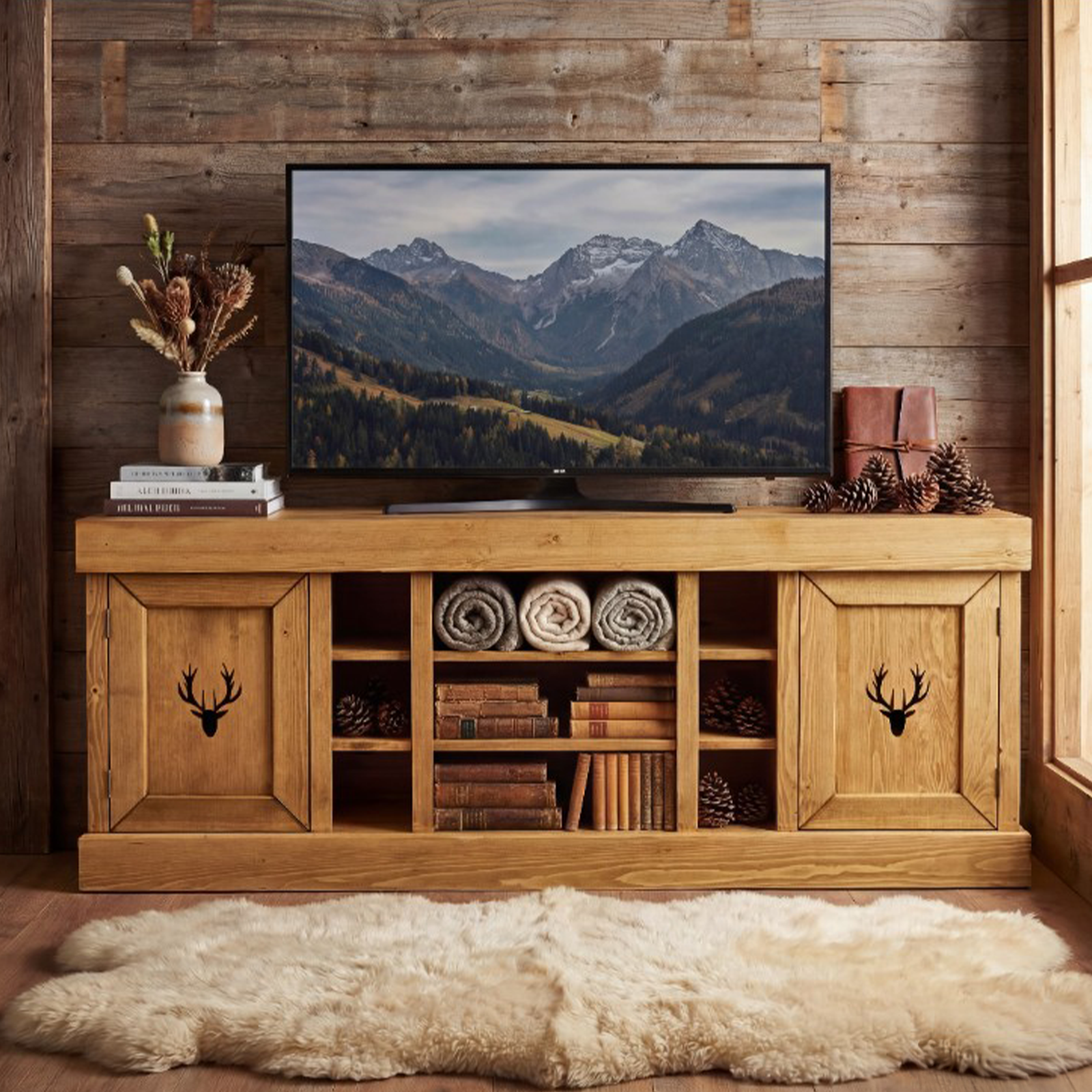 Meuble TV Cerf 2 Portes en Bois Pin Massif 180cm - meublespin.fr - Meubles TV en Bois Massif Meuble TV Cerf 2 Portes en Bois Pin Massif 180cm Meubles TV en Bois Massif meublespin.fr - mobilier et de décoration de style montagne ou chalet- meubles en pin, mobilier en bois massif de qualité, canapés convertibles - https://meublespin.fr