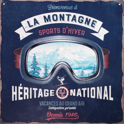 Plaque métal – Bienvenue à la montagne – masque de ski – 29 x 29 cm Cadres et déco meublespin.fr - mobilier et de décoration de style montagne ou chalet- meubles en pin, mobilier en bois massif de qualité, canapés convertibles - https://meublespin.fr